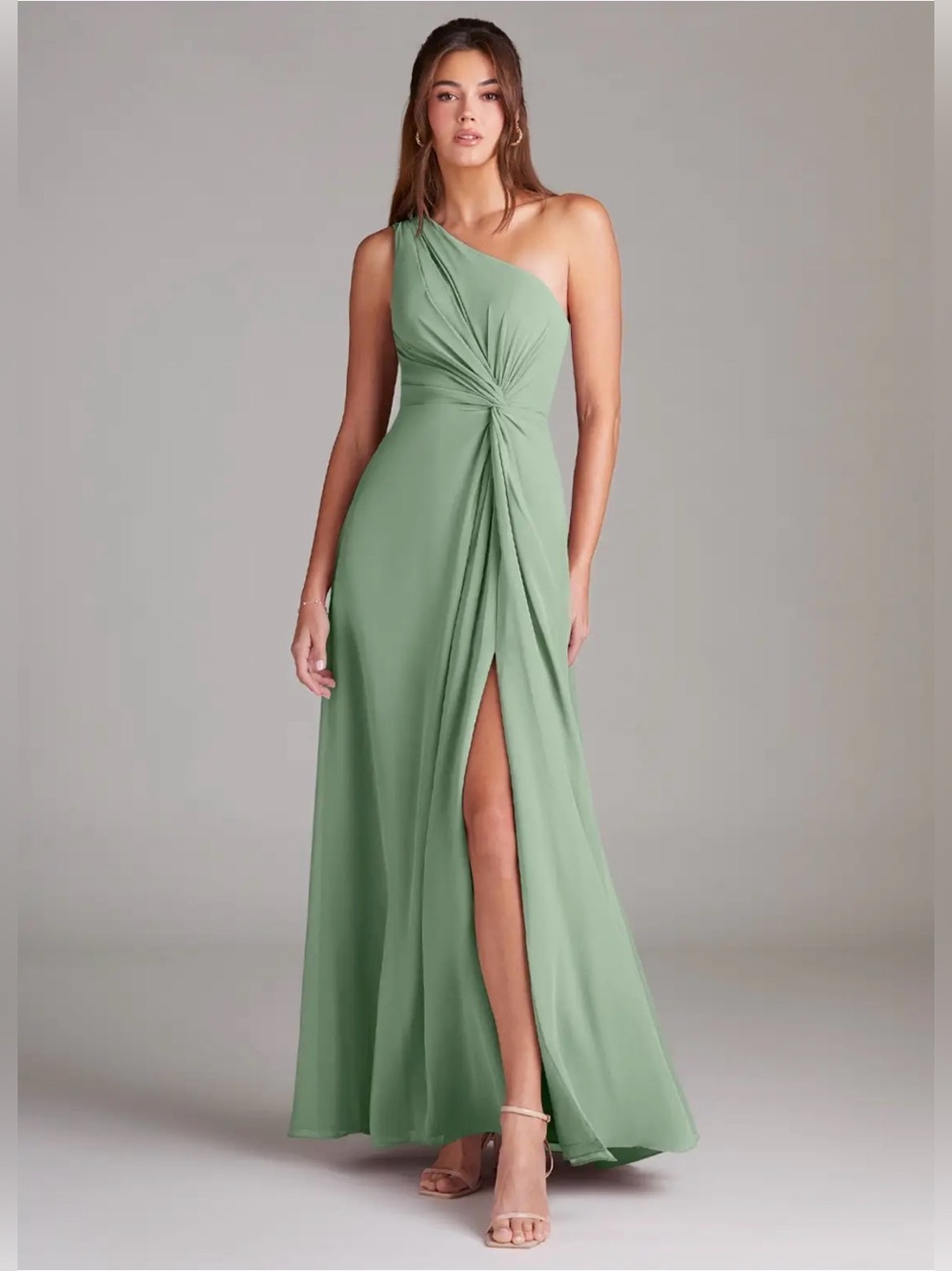 NWT, Azazie Brooke Matcha A-Line One Shoulder Chiffon Dress, Size A6